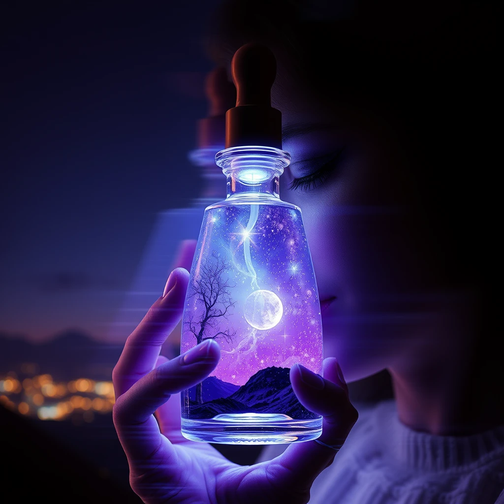 Multiple exposure, the art of Alphonse Mucha, cosmetic glass bottle, violet, character design, rendering, biomechanics, science fiction, volumetric lighting, beautiful scenery, detailed face, dramatic colors.