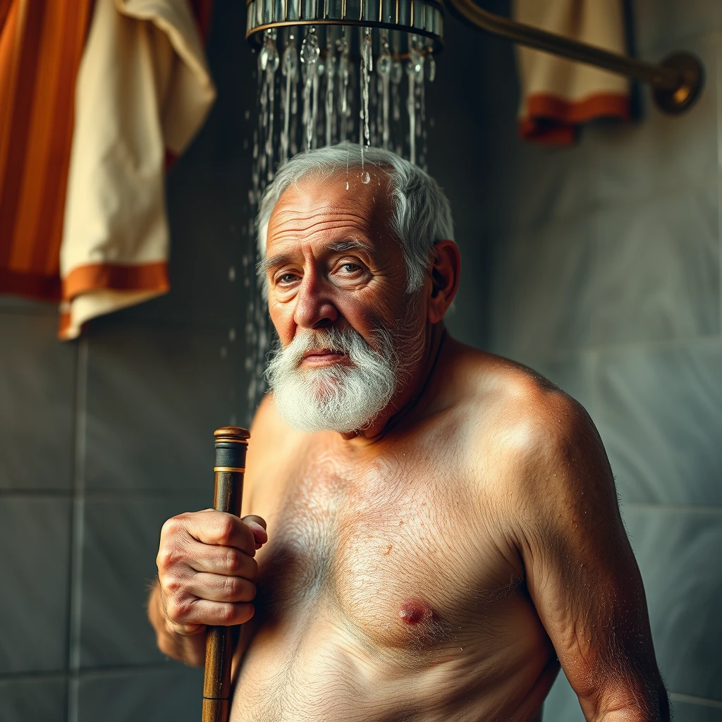 old man with cane getting out of shower