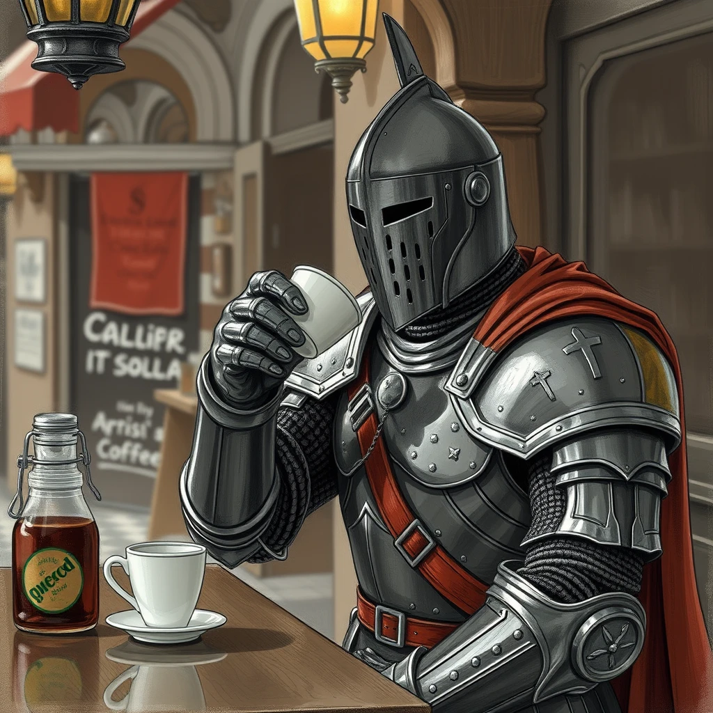 A knight in iron armor drinks a coffee at the local shop. - Image