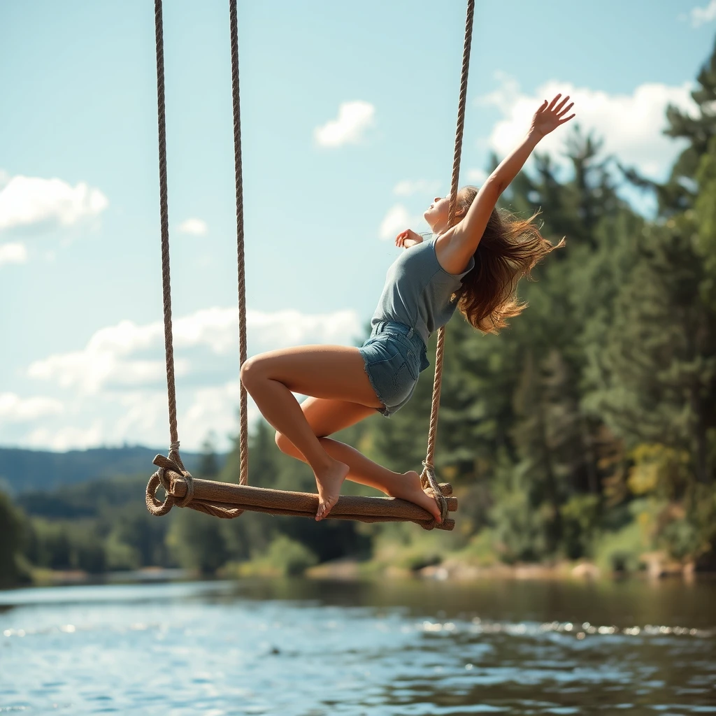 A sorority woman jumping off a rope swing into a river.