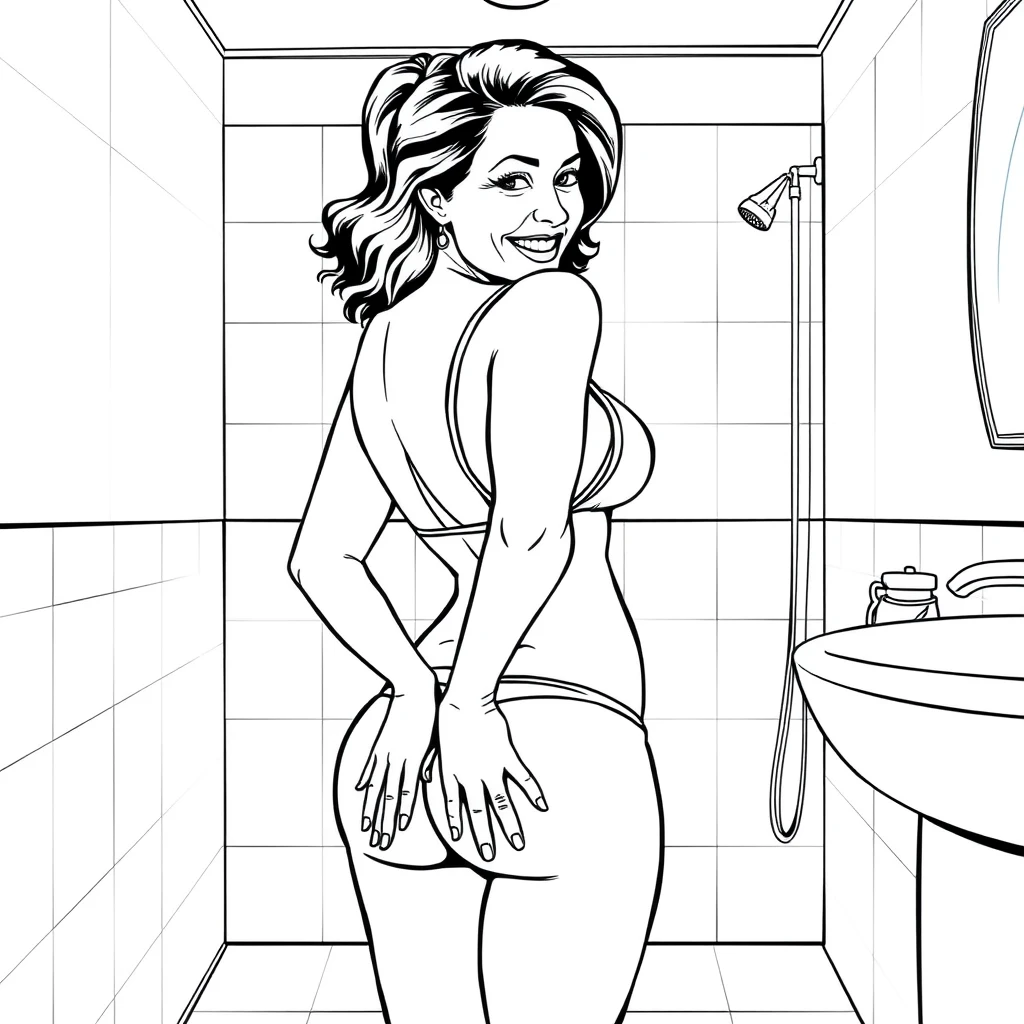 Comic line art, in the bathroom, a mature woman in swimwear, with her hands on her buttocks, looking back at the viewer and smiling. - Image