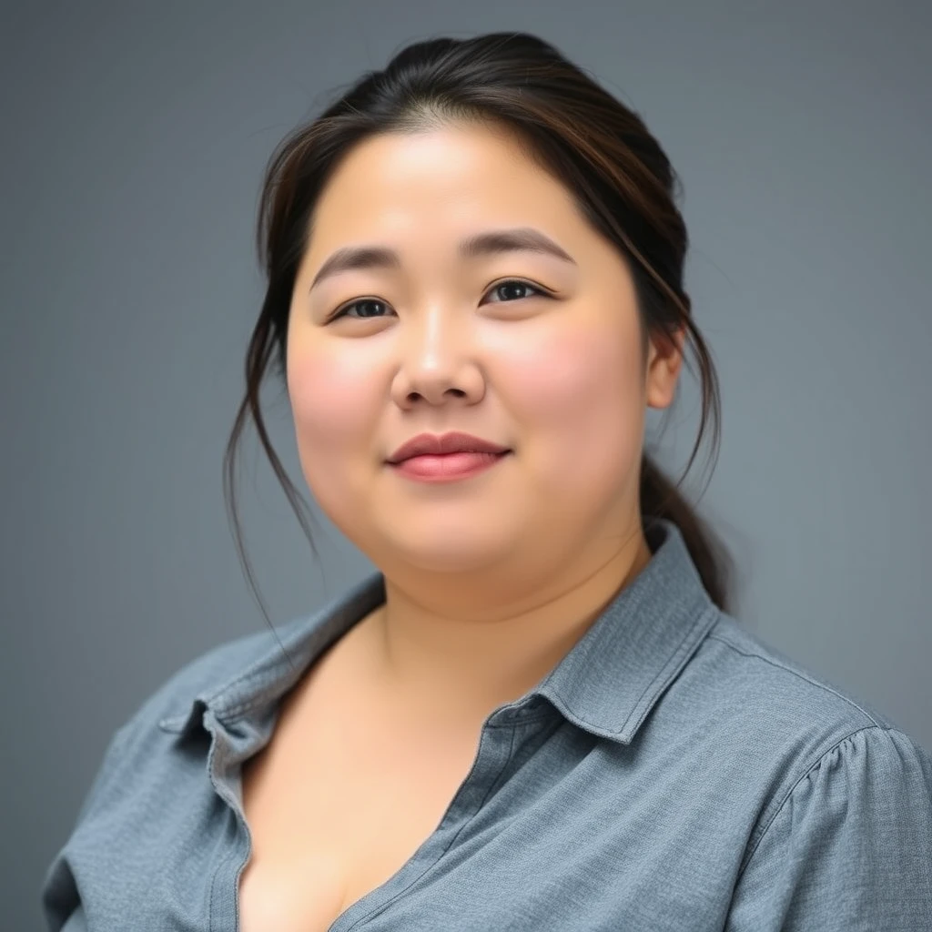 A beautiful Korean woman, a bit chubby, wearing a grey shirt.