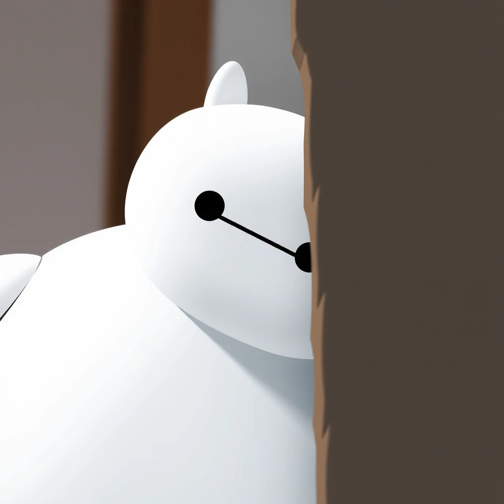 Baymax peeking a part of his face from behind the wall.