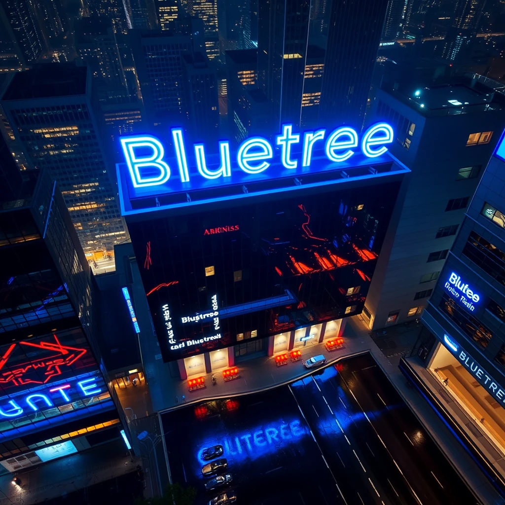 The word "Bluetree" illuminates a nocturnal cityscape as a giant neon sign atop a skyscraper. The letters, 30 feet high, pulse with electric blue light, casting a cool glow over the surrounding buildings. Reflections ripple across glass facades and a rain-slicked street below. Captured from a drone perspective, the composition places the sign at the golden ratio point. The urban environment is rendered in a cyberpunk style, with streaks of light from passing vehicles creating dynamic leading lines to the central text. - Image