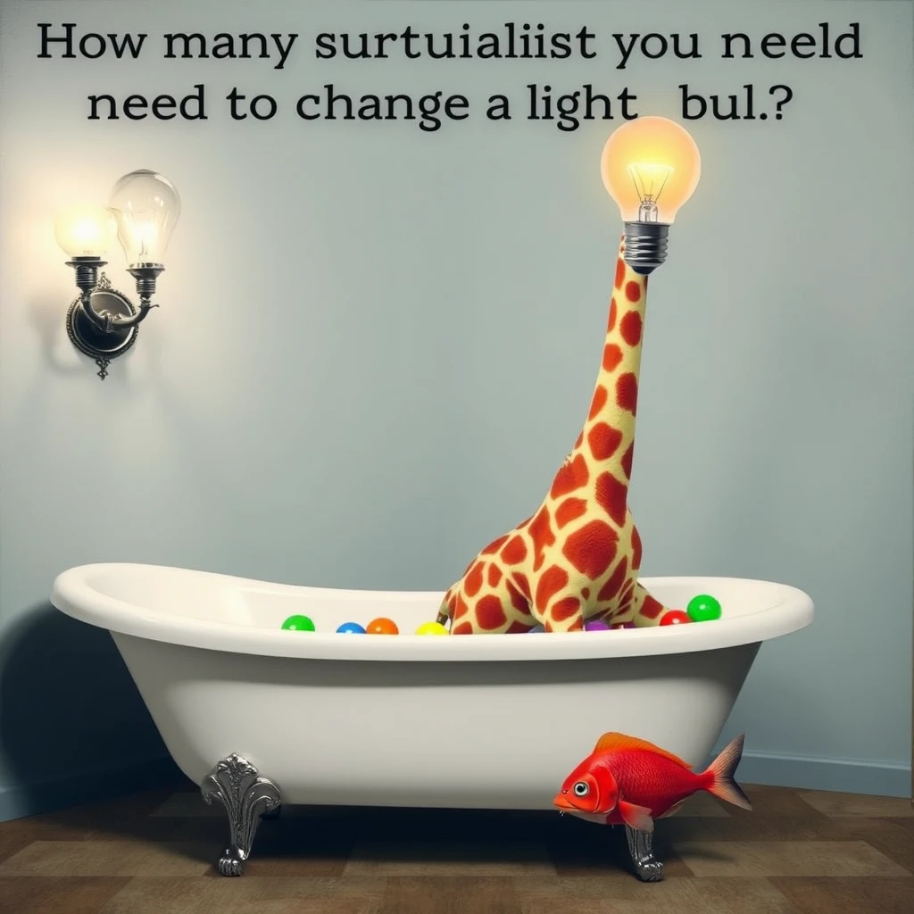 Question: How many surrealists do you need to change a lightbulb? Long Answer: You need three surrealists. One to change the lightbulb, one to hold the giraffe, and one to fill the bathtub with colourful glowing objects. Short Answer: A fish. - Image