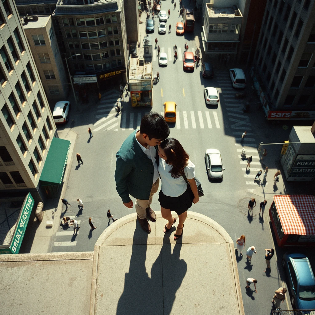 It's a Saul Leiter-esque photograph. Looking down from the roof of a tall building, an Asian couple looks very close with their heads touching each other on a street corner, surrounded by traffic and pedestrians. The whole picture looks like the couple are walking in a Lilliputian land, and everything including themselves is like miniature models. Also, the picture shows that it's on a summer afternoon, the sun is shining brightly, and there are many projections of city buildings. This picture has a vintage film texture with a gray-green tint to the image. Aerial view, realistic, 8k. - Image