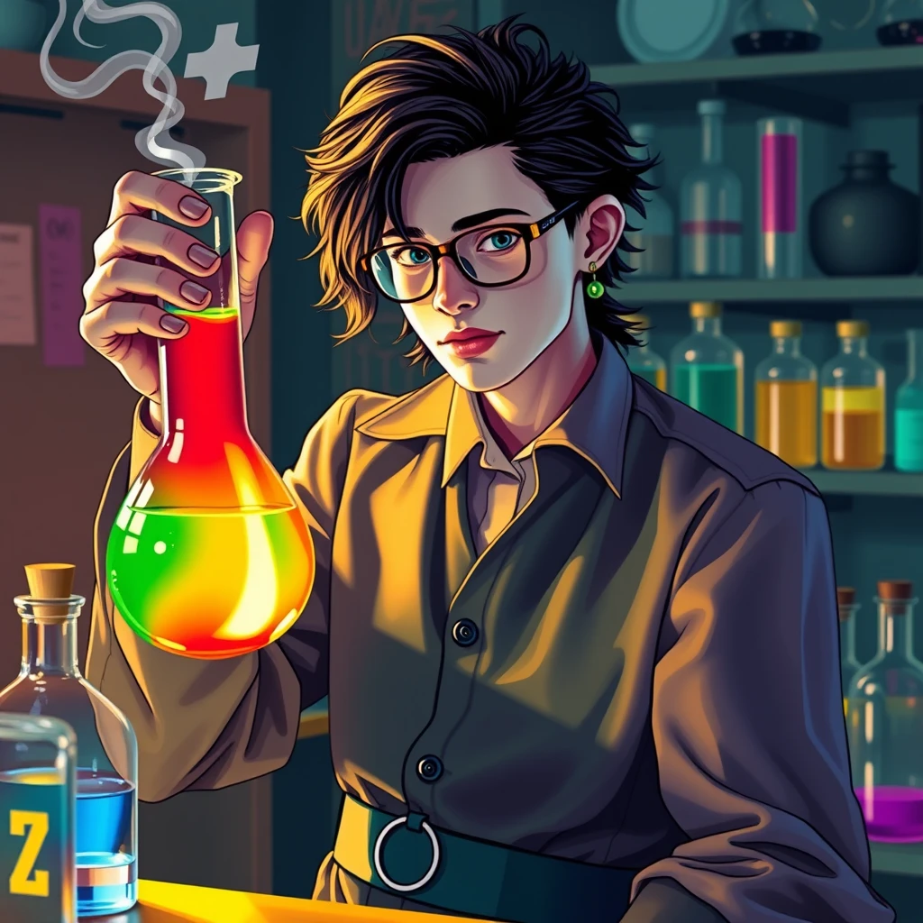 An androgynous genderqueer nonbinary alchemist holding a flask of rainbow colored gender fluid in their laboratory. - Image