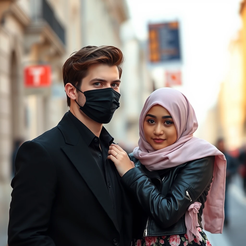 Jamie Dornan's head and body shot, handsome, young, face mask black, black coat suit, dating love with the biggest soft pink hijab girl, beautiful eyes, black leather jacket, face mask black, biggest floral skirt, hyper realistic, street photography.