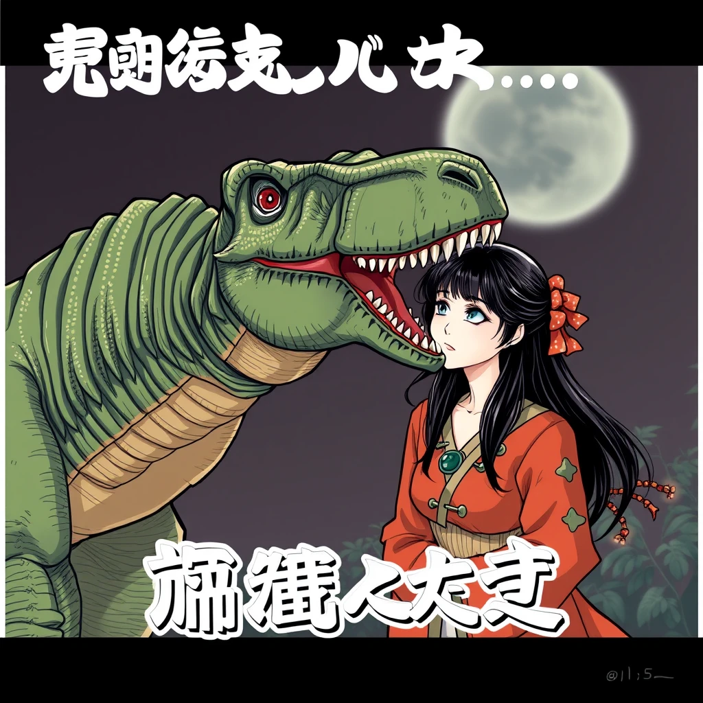 A dinosaur and a woman, with Chinese characters or Japanese. - Image