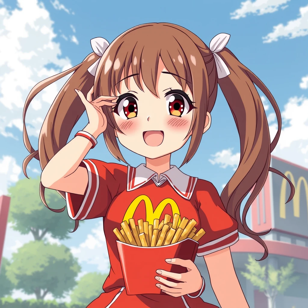 giant anime girl wearing McDonald's outfit, advertising fries - Image