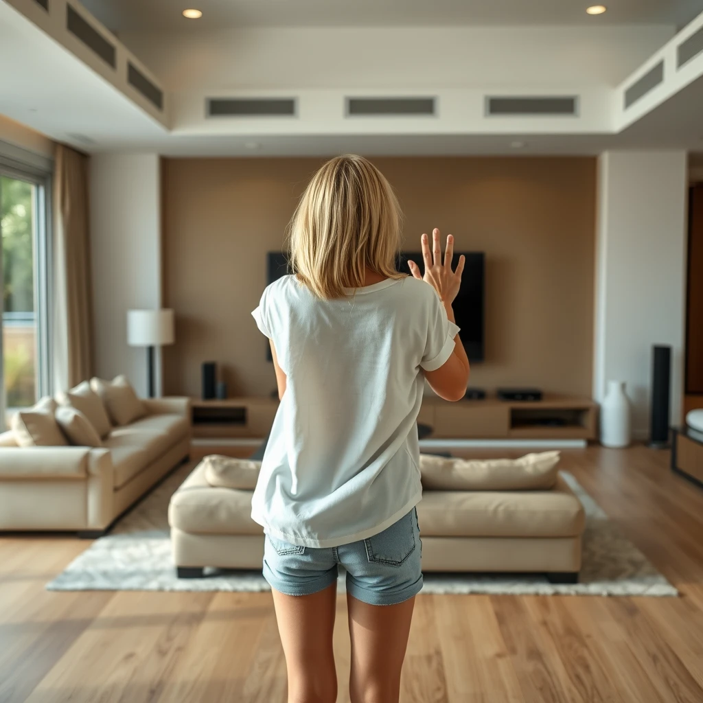 Side view of a skinny blonde woman in her large living room, wearing a massively oversized white short-sleeve shirt and light blue denim shorts, without shoes or socks. She is facing her TV, and both her hands disappear as they touch the screen. - Image