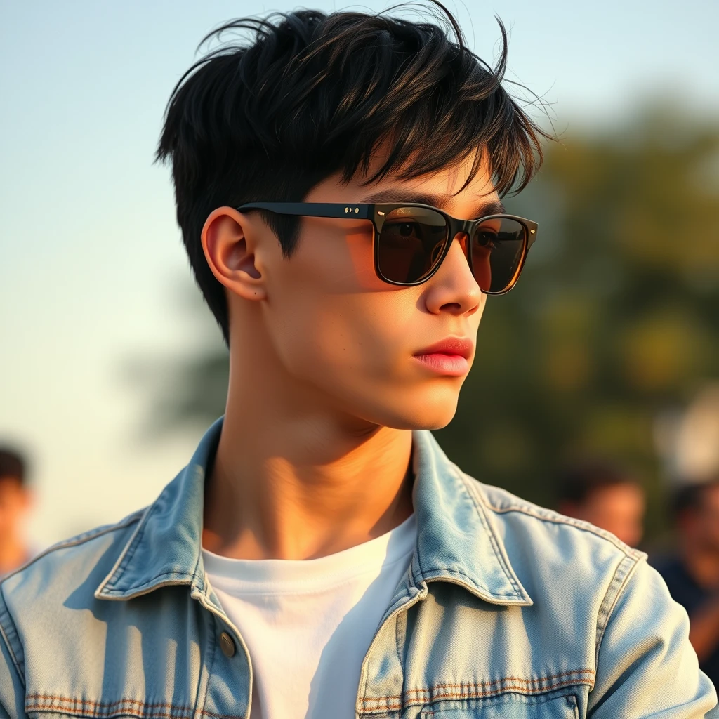 He has short black hair that is slightly disheveled. His features are clean-cut and straight, his eyes are long and slender, and although he wears sunglasses, you can see that he has thick eyebrows. He has a straight nose, slightly curved nose, slightly thicker lips, and healthy red cheeks due to sunlight.

He wore a light blue washed denim jacket with an open collar, revealing a white T-shirt underneath. The cuffs of the jean jacket were rolled up, and a slender wrist was visible at the cuff. His fingers are long and strong, and he wears a silver ring on his hand.

Overall, he was slender, slightly broad-shouldered, and well-built from the side. He seemed to be concentrating on some scene in the distance, and his face was a bit heavy and melancholic. Under the setting sun, he looked young and melancholic, giving people a kind of hazy, mesmerizing beauty.