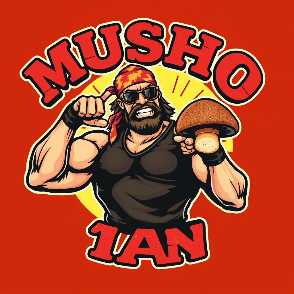 Create a WWE MACHO MAN parody logo featuring a title in big painted typography saying "MUSHO MAN". In the logo, a realistic macho man wrestler character is wearing a tie-dye bandana and sunglasses. He is flexing his arm and squeezing a brown cap mushroom with one hand while pointing at the mushroom with the other hand. He looks angry, with his teeth showing, parodying Randy Savage's Macho Man "cream of the crop" pose. The design has a grainy 90s screen print style.