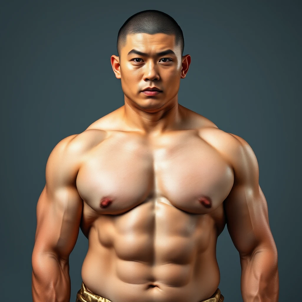 a full body portrait of a muscular beefy Asian male, he is wearing a thin layer of silk, through the silk, his skin is visible, high body fat, buzz cut, 4k, detail, hd, realistic, masterpiece,