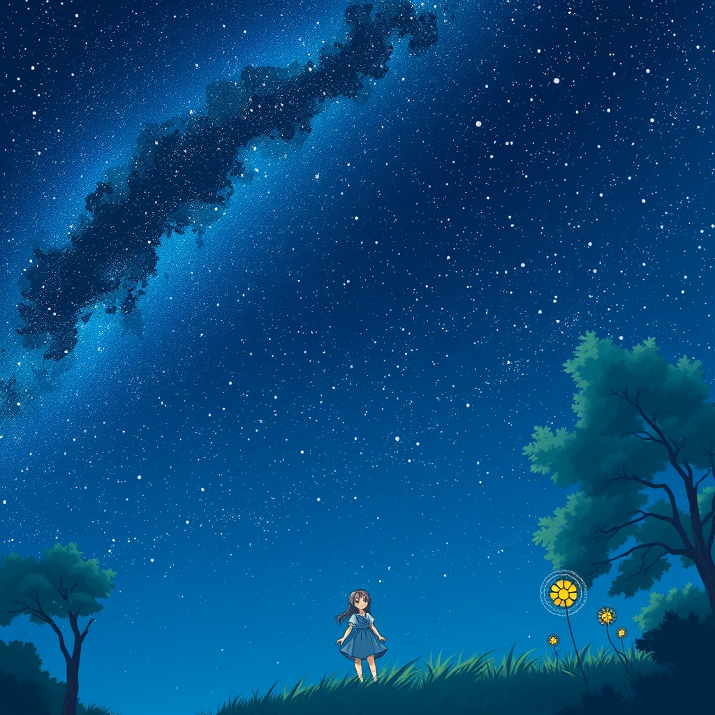 Looking up at the stars, anime style, Hayao Miyazaki style