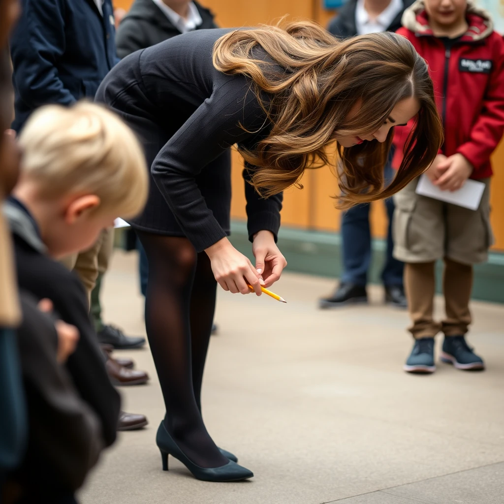 Kate Middleton bending over to pick up a pencil, showing off her legs, wearing black tights and no shoes, with teenage boys behind her.