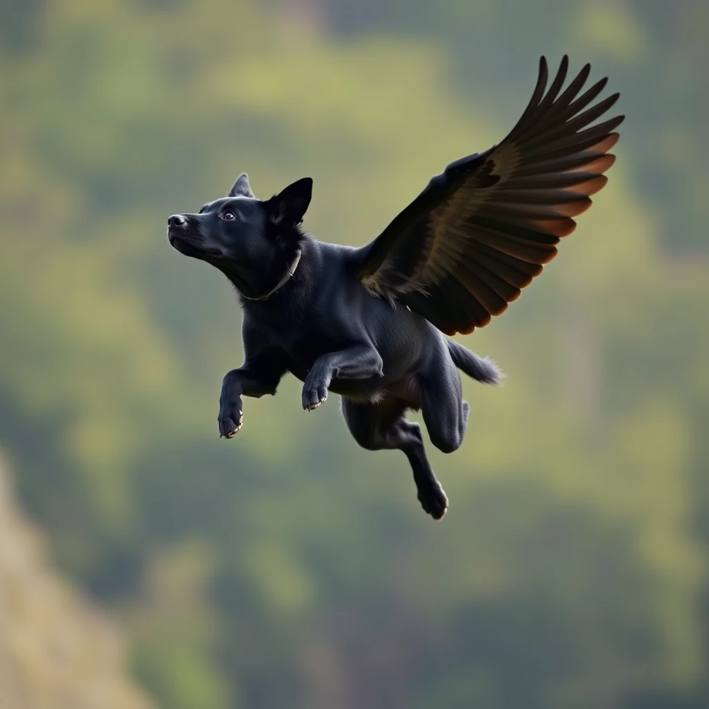 an image of a black dog soaring in the air - Image