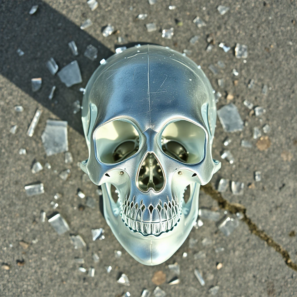 Shattered glass on the ground seen from above forming a skull. - Image