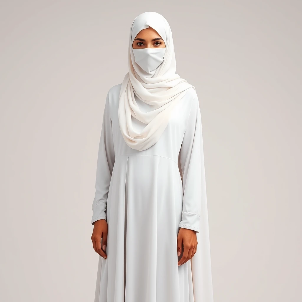 "Generate an image of a Muslim Arabic woman wearing a white niqab and a long, flowing gown. The niqab should cover her face while the gown should be elegant and modest, reflecting traditional Islamic attire. The background should be neutral or softly textured to ensure the focus remains on the woman and her attire. The lighting should be soft and even to highlight the details of the niqab and gown. 8k HD"