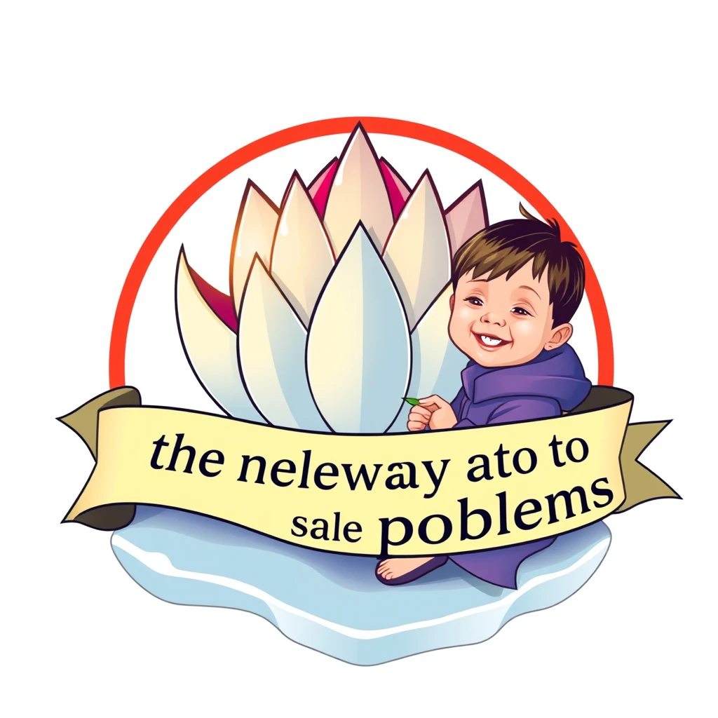 A logo featuring a lotus on ice with a large banner saying "the new way to solve problems," with a child holding it and smiling.