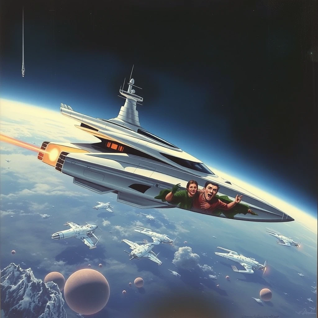 A space-yacht concept, in low Earth orbit, a painting by Syd Mead, sleek, futuristic, a full-length mural depicting terror decorates the side.