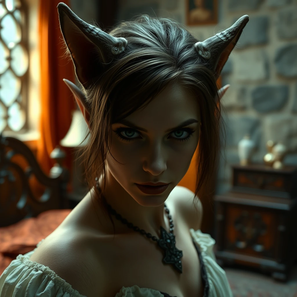 Location in a bedroom in a castle. Bright lighting on the face. Full body shot of a female elf turning into a werewolf.