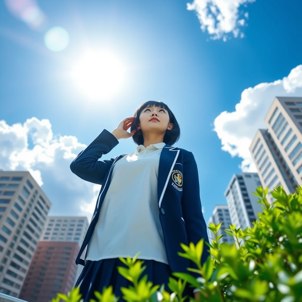 A Japanese high school girl with short black bob hair, wearing a traditional Japanese school uniform consisting of a white blouse, a navy blue skirt, and a navy blue blazer with a school emblem. She is standing outdoors under a bright blue sky with large, fluffy white clouds. The background includes a cityscape with modern high-rise buildings. The composition captures her from a low angle, emphasizing the vast sky and clouds behind her. The sun is visible in the upper left corner, creating a strong lens flare effect. The girl is looking up and slightly to the side with a serene expression. She is not holding anything above her head. The lighting is bright and creates high contrast, typical of a sunny summer day. Some green foliage is visible in the foreground, likely from trees or bushes. The overall scene has a crisp, clean aesthetic with vivid colors, capturing the essence of a bright, clear day in an urban environment.