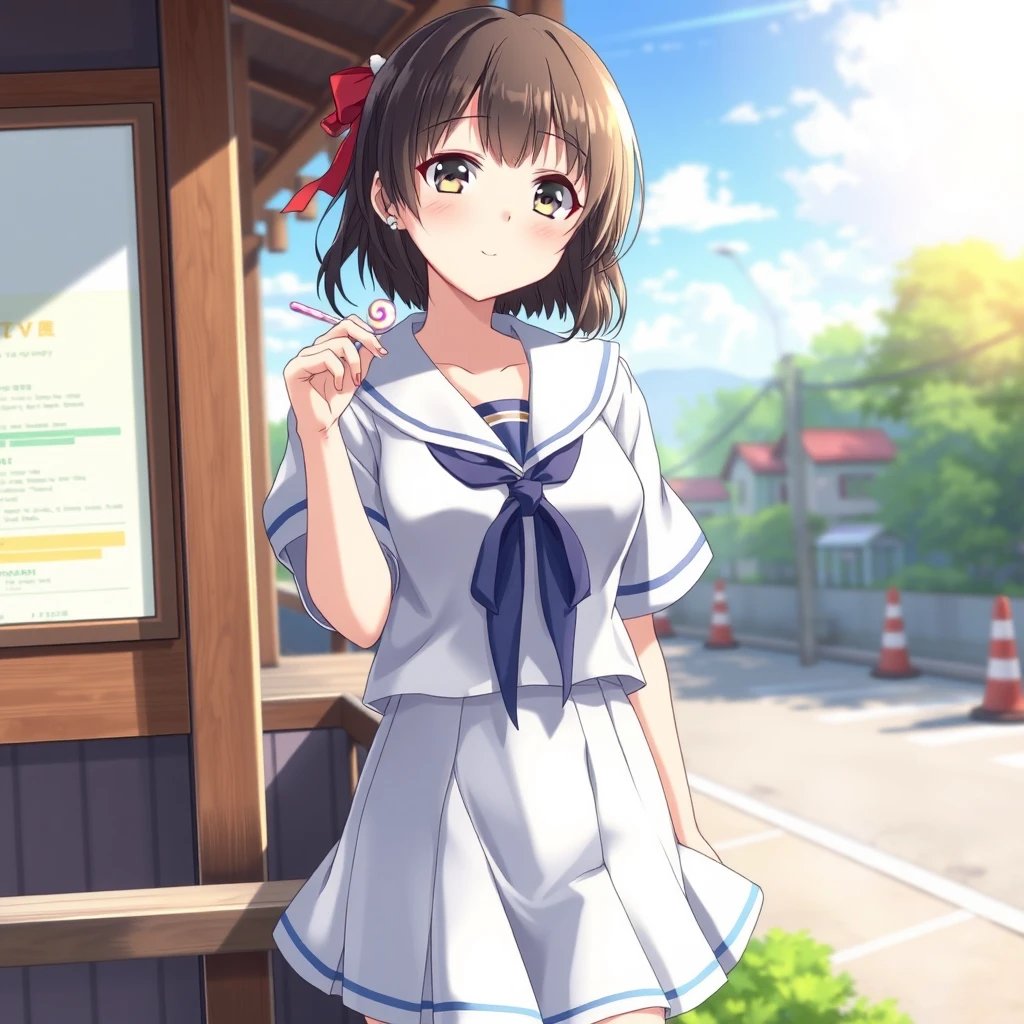 Japanese anime illustration, a girl holding a lollipop, wearing a sailor uniform, with a short skirt, the clothes appear semi-transparent under the sunlight, made of silk, full body image, in a picturesque setting.