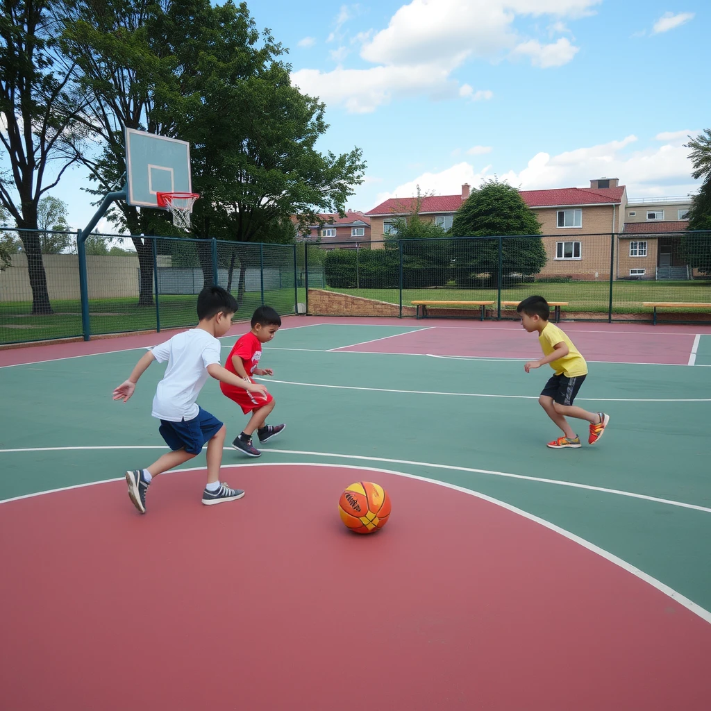 The children are playing football on the basketball court - Image