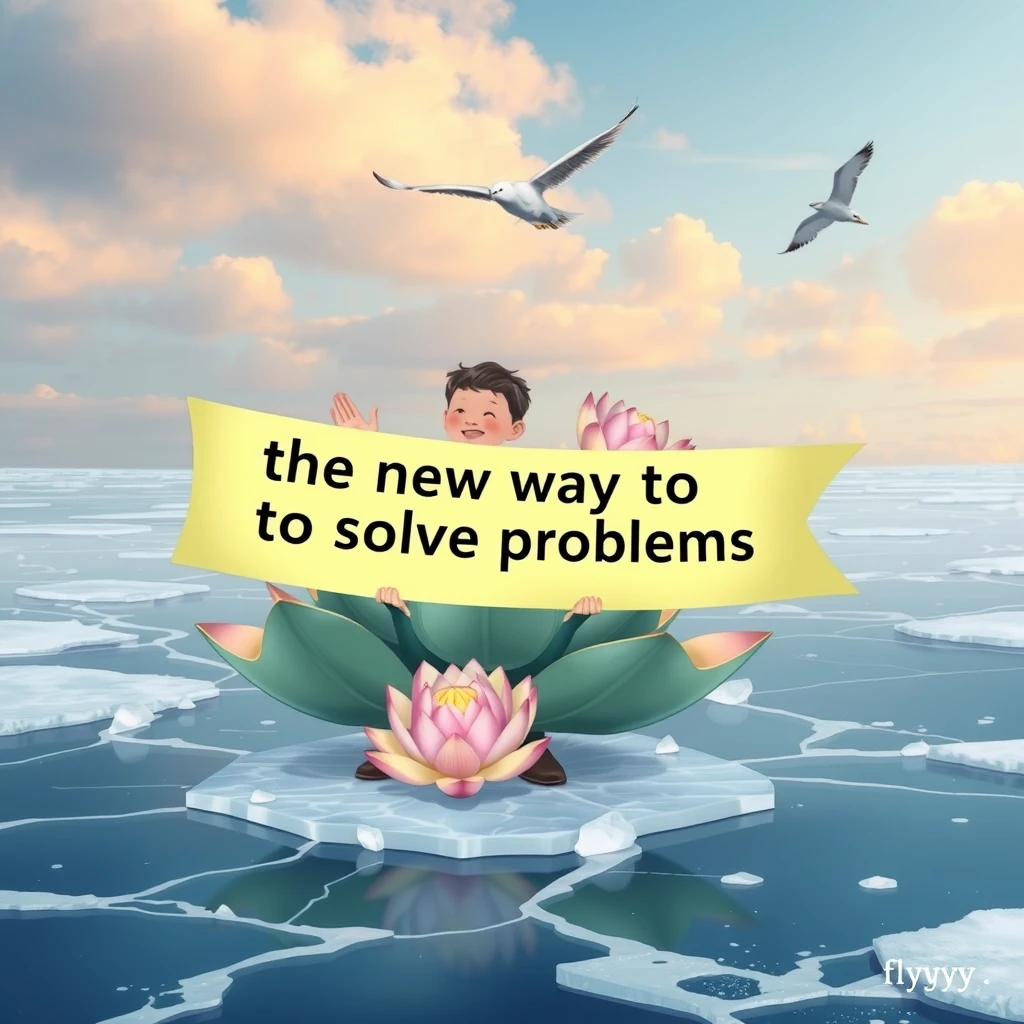 A lotus on ice with a big banner saying "the new way to solve problems," with a kid holding it and smiling. A bird flies in the sky with the text "flyyyy."