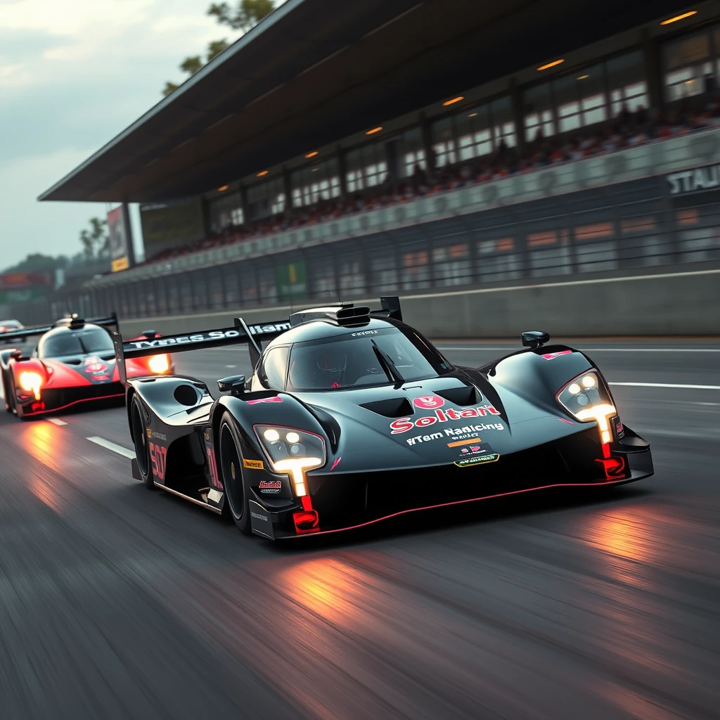 High-quality, photorealistic, near-future depiction of a hypercar for "Team Racing Sloth" with a livery of jet black with reddish-pink accents in the middle of a high-speed 24 Hours of Le Mans race against other cars. - Image