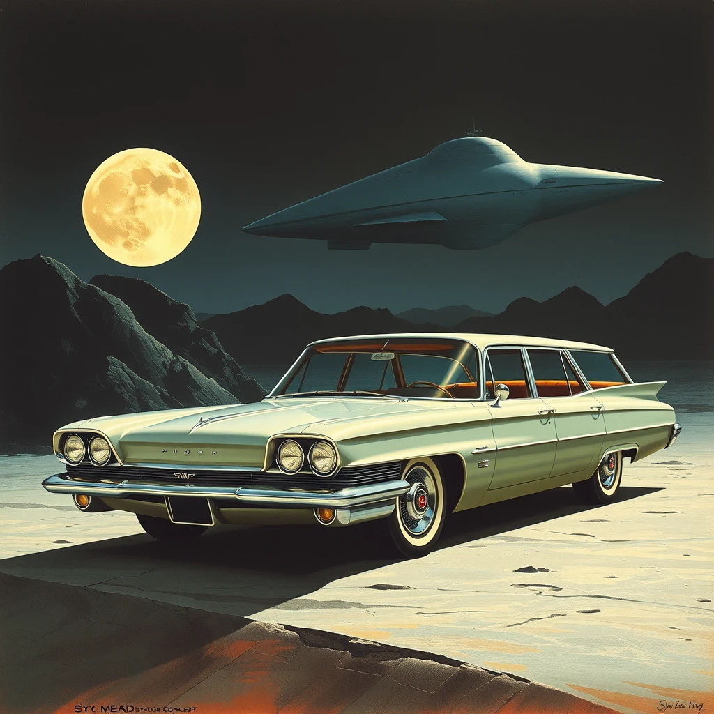 Front corner view, a 1960s-futuristic station wagon concept, a painting by Syd Mead, sleek, moon setting, lunar lander in the background. - Image