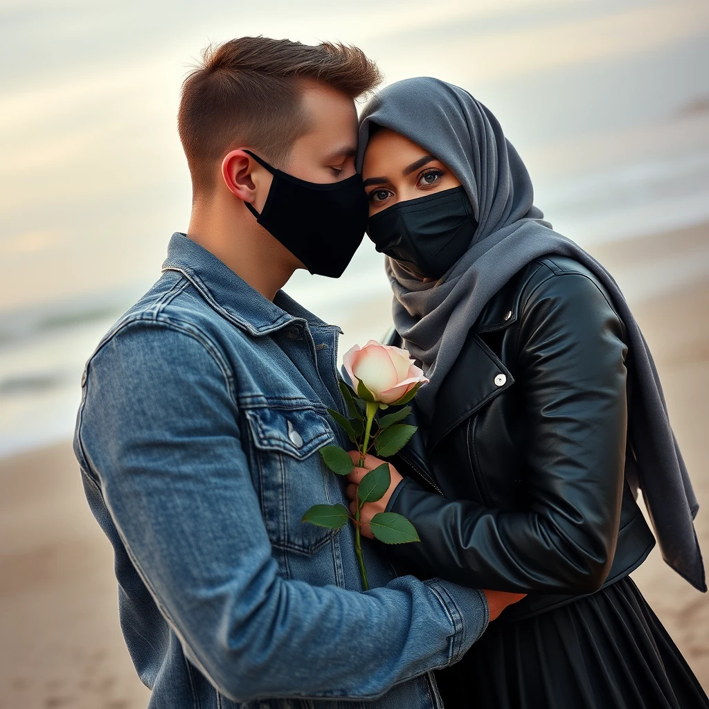 Jamie Dornan's head and body shot, handsome, black face mask, jeans jacket, jeans, dating, hug, love couple with the biggest grey hijab Muslim girl, beautiful eyes, black face mask, black leather jacket, biggest skirt, at the beach, holding a rose, hyper-realistic, street photography, selfie. - Image