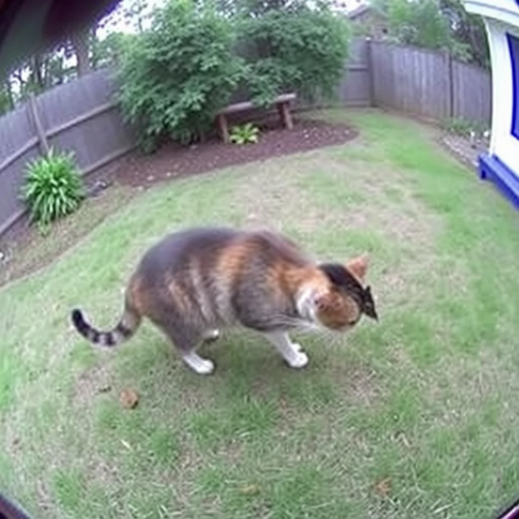 A cat is playing a mouse on the back yard from a surveillance camera perspective. - Image