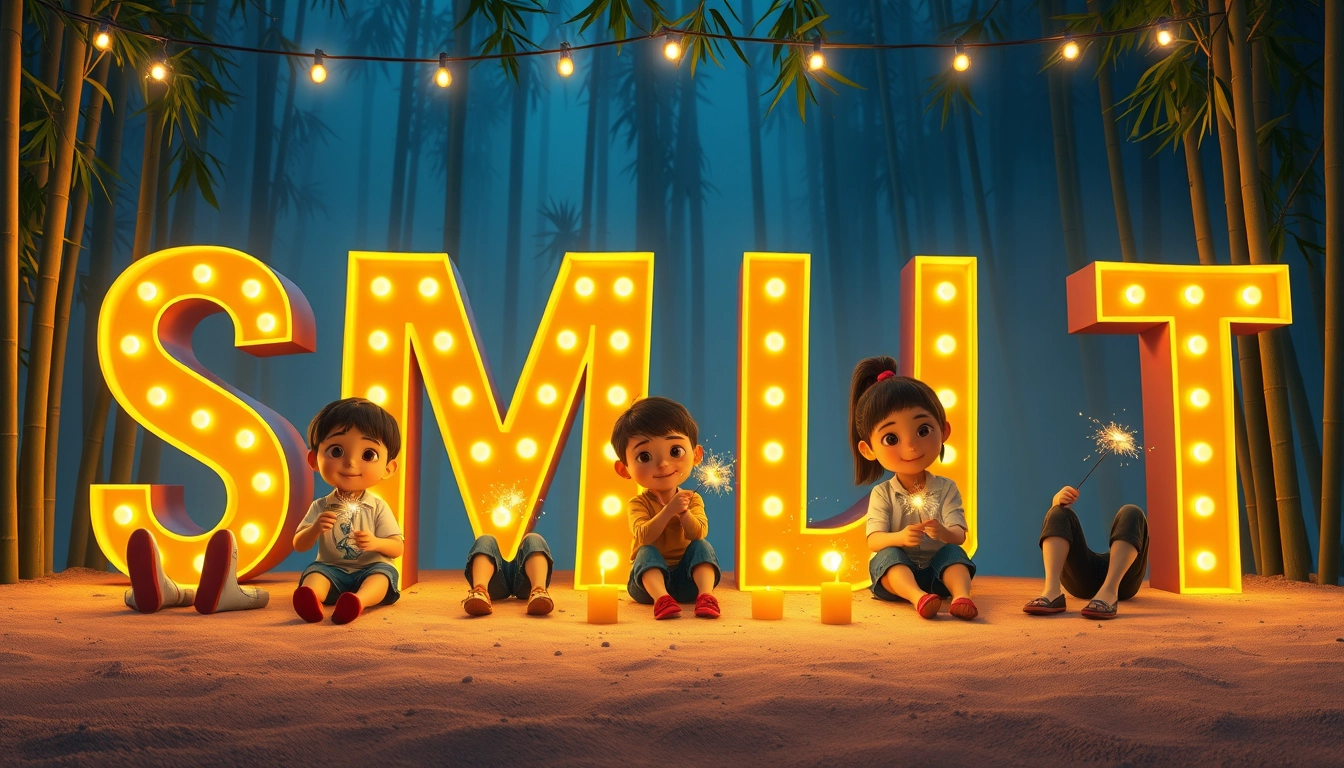 Create a digital illustration in the style of a 3D animated movie scene. Show six Asian children sitting around large, illuminated letters spelling 'SMLYT'. The letters should be made of warm yellow lights, resembling carnival-style lighting. Set the scene in a nighttime bamboo forest with a misty blue background. Include string lights hanging overhead and small candles or lights placed in front of the letters. The children should be holding sparklers and wearing casual clothing in various colors. The ground should appear sandy or dusty with visible small pebbles. Capture a joyful and celebratory mood with warm lighting on the children's faces contrasting with the cool background. Use highly detailed 3D-style rendering with special attention to lighting effects, sparkler glows, and the interplay of light and shadow on the children and surroundings. - Image