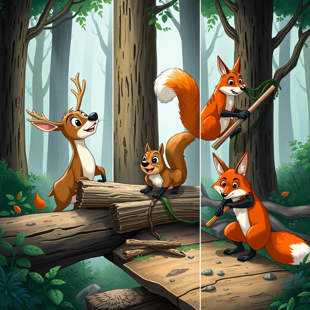 A dynamic split-screen showcasing the forest animals in action: the deer, named Daisy, gathering wood, the squirrel, named Squeaky, securing vines, and the fox, named Sly, using tools, all contributing to the bridge repair.