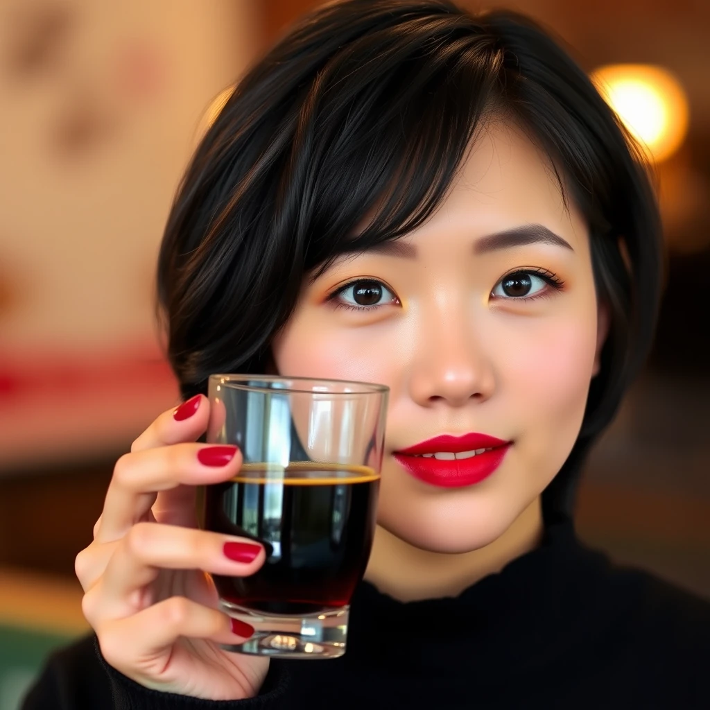 Beautiful japan woman holding a cup of coffee, glass cup, short hair, delicate facial features, red lips - Image