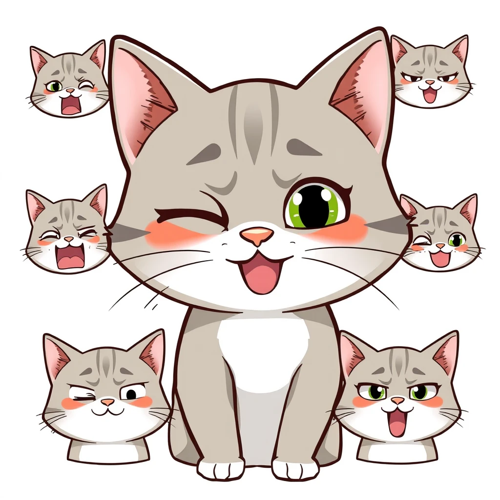 A cat in meme style, showing specific expressions such as winking, smiling, surprised, confused, happy, angry, etc. The cat’s expressions are exaggerated and humorous, with a solid color or transparent background, cartoonish and cute style. - Image