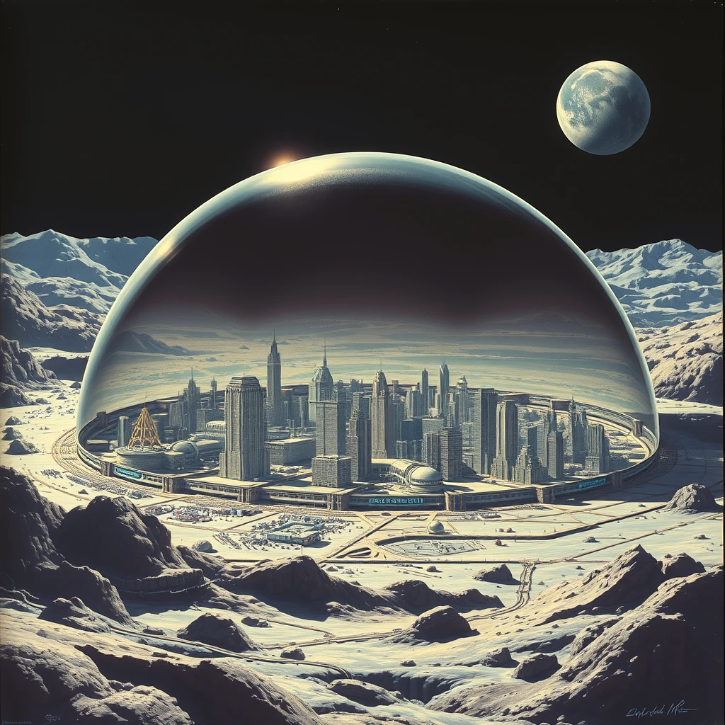 an ultra-futuristic city covered by a 90km diameter, shallow-arc, geodesic glass-dome, on the moon, as painted by Syd Mead, earth in the background. - Image