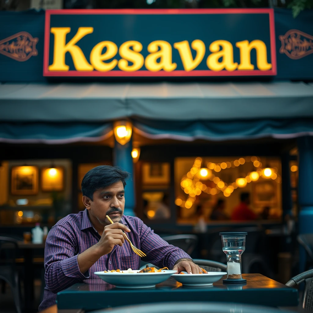 An Indian man eating at a traditional aesthetic Chettinad Indian restaurant with a sign reading "Kesavan," bokeh, during the golden hour, outdoors, with a dark blue and maroon theme color. - Image