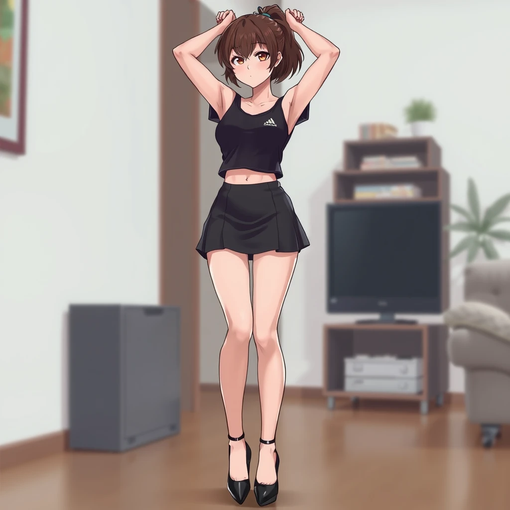 1 girl, solo, short hair, medium chest, ponytail, parted lips, thin waist, indoor, arms up, lips, high heels, realistic, ultra short skirt, realistic style