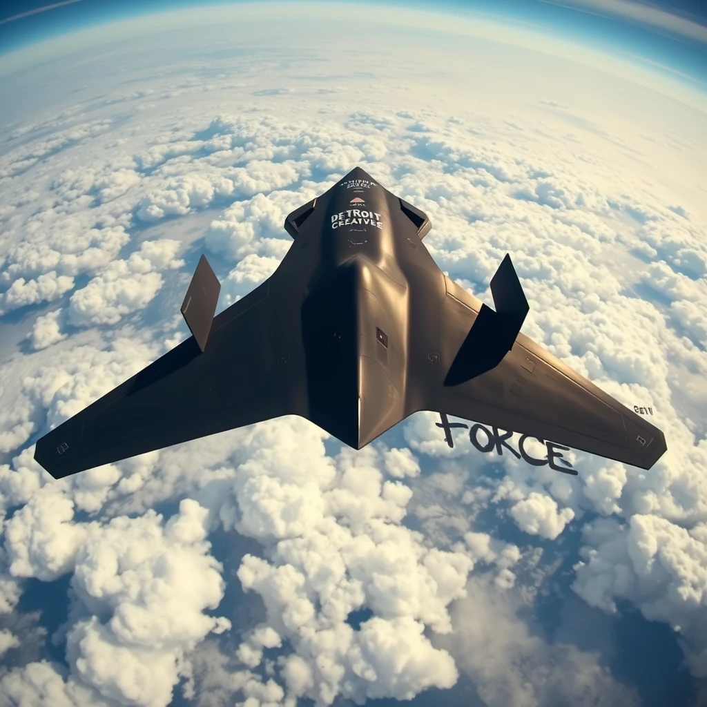 A view from the ground of the underside of a large B-2 Stealth bomber flying high in the clouds, with the words "Detroit Creative Force" painted in a graffiti style on the underside of the plane.