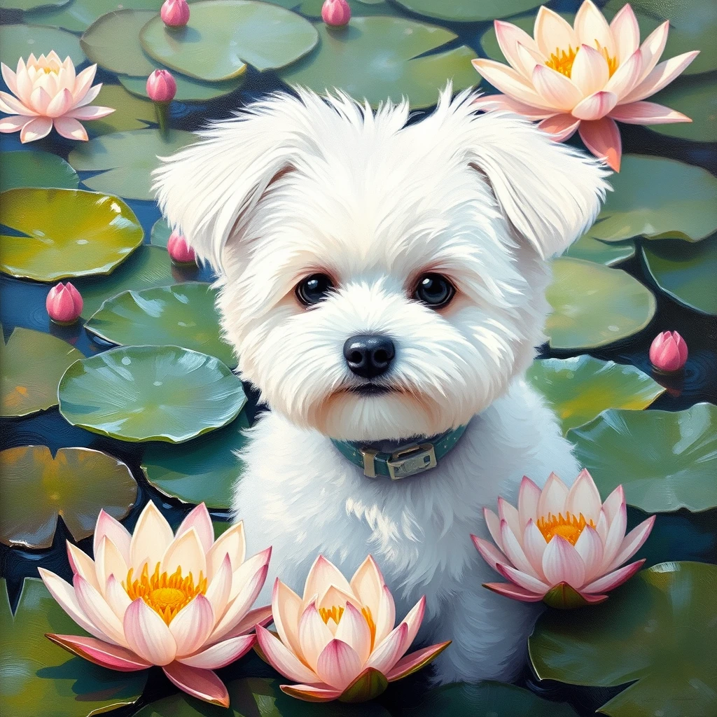 white cute fluffy small Bichon Frise, the background is filled with beautiful Water lilies, monet sytle, the overall style is oil painting 