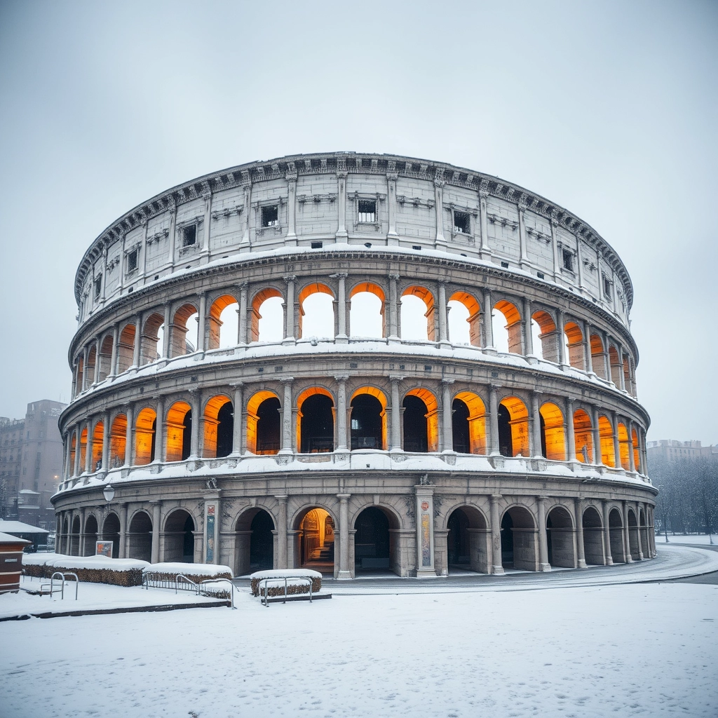 realistic image the colosseum in rome covered with snow