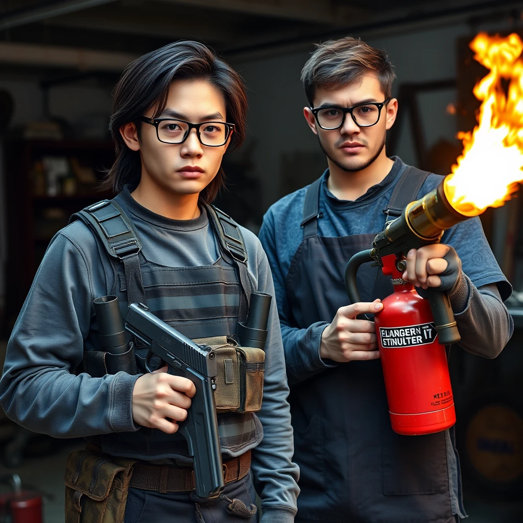 21-year-old thin white adult man from Northern China with a long face and square chin, wearing square glasses and holding a pistol, with medium/long length hair and a tactical chest rig; a 21-year-old Caucasian Italian man wearing round glasses and short hair holding a very large fire extinguisher flamethrower, wearing a welding apron; set in a garage; both looking angry.