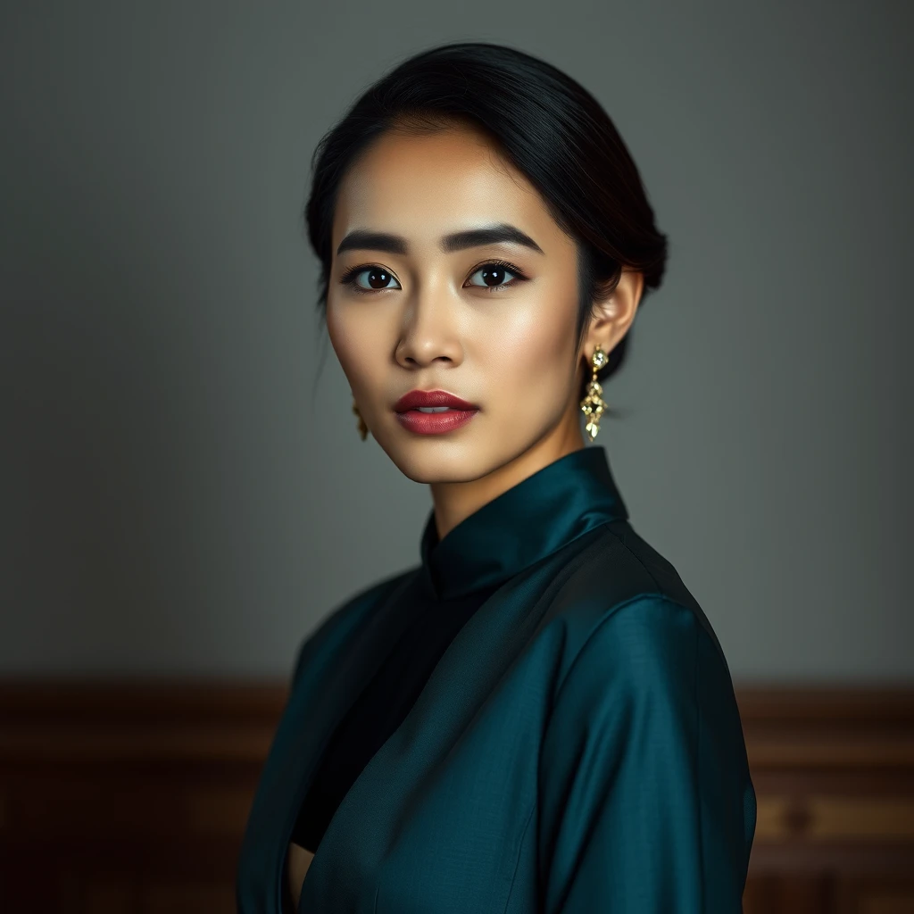 "Create an image of a beautiful Indonesian woman with fair skin. She should be portrayed in an elegant and tasteful manner, reflecting both beauty and confidence. Her attire should be stylish and sophisticated, highlighting her grace and poise. Ensure that the image is respectful and artistic, with a focus on showcasing her features and attire in a refined way. 8K HD"