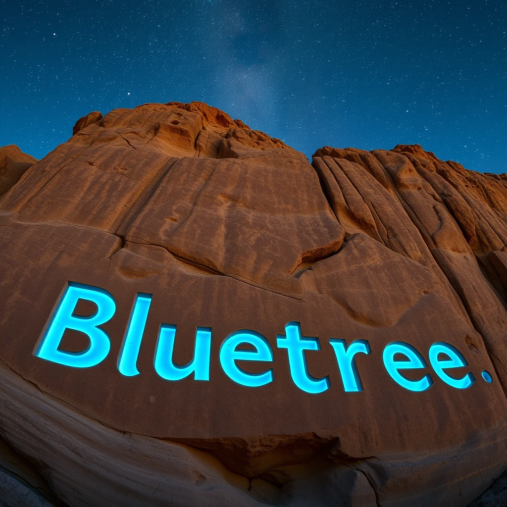 "Bluetree" carved into the rock face of an ancient cliff, weathered by millennia. The letters, 15 feet high, are filled with a rare, luminescent blue mineral that glows softly in the fading twilight. The surrounding rock is textured with primitive cave paintings and natural erosion patterns. A starry sky begins to emerge above, with the Milky Way faintly visible. Captured in a wide panoramic shot that emphasizes the monumental scale of the inscription against the rugged natural backdrop.