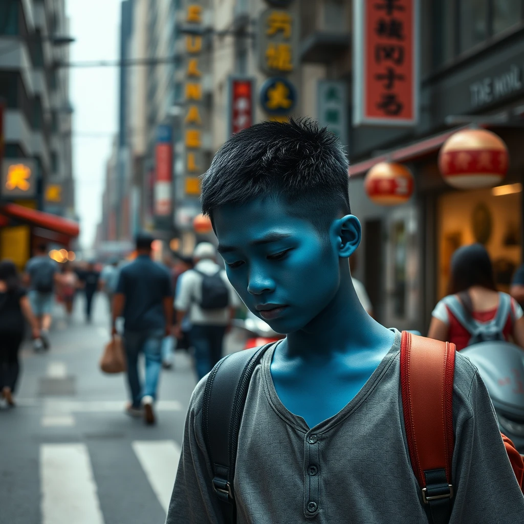 An Asian boy has deep blue skin, he walks down a busy city street with his head down. No one noticed him. photorealistic, 8K. - Image