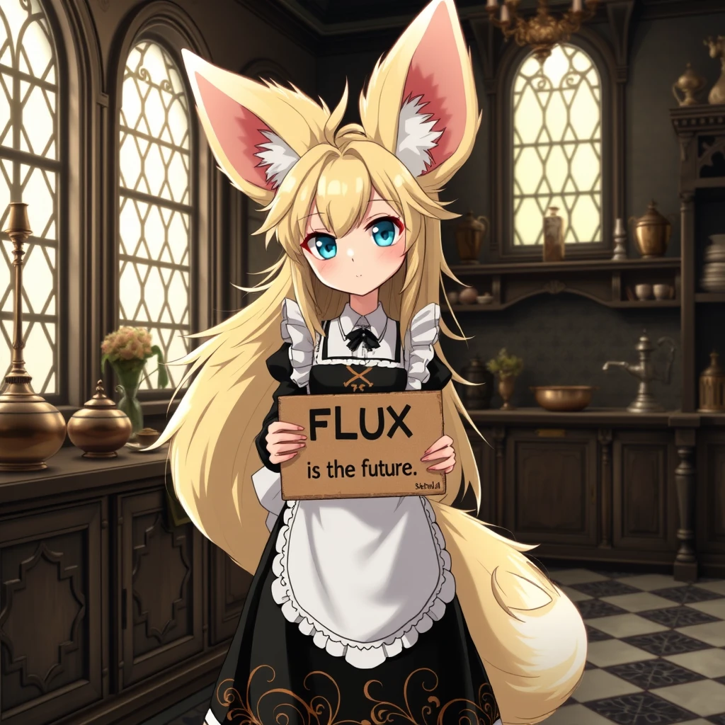 Cute anime girl with massive fluffy fennec ears and a big fluffy tail, blonde messy long hair, blue eyes, wearing a maid outfit with a long black dress featuring a gold leaf pattern and a white apron, holding a cardboard that says "FLUX is the future." in the kitchen of an old dark Victorian mansion with a bright window and very expensive items everywhere.