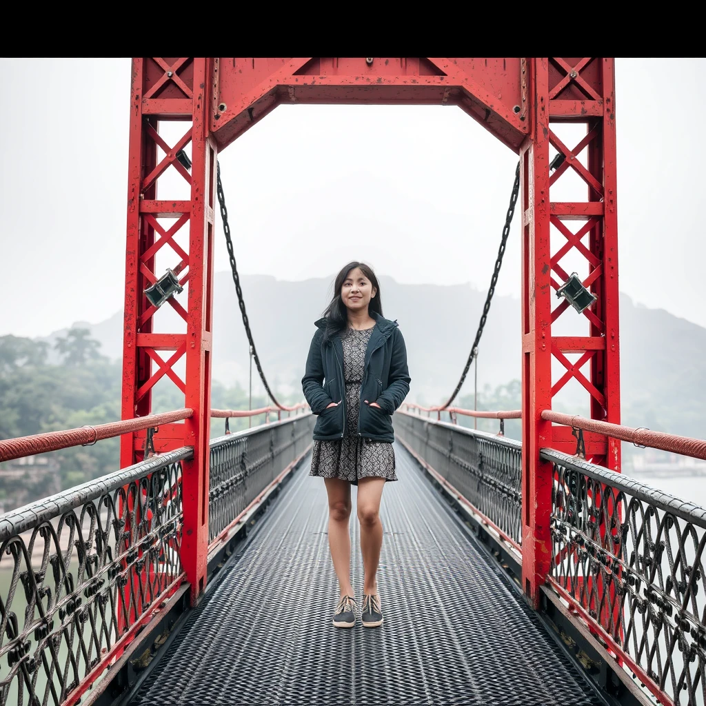 A少女 stands on the iron bridge. - Image